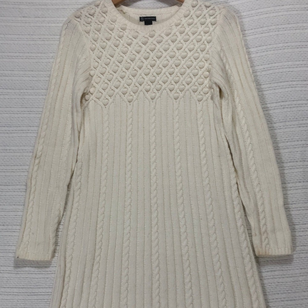 New Directions Cream Cable Knit Pom Pom Bobble‎ Sweater Dress Small Ivory Mini